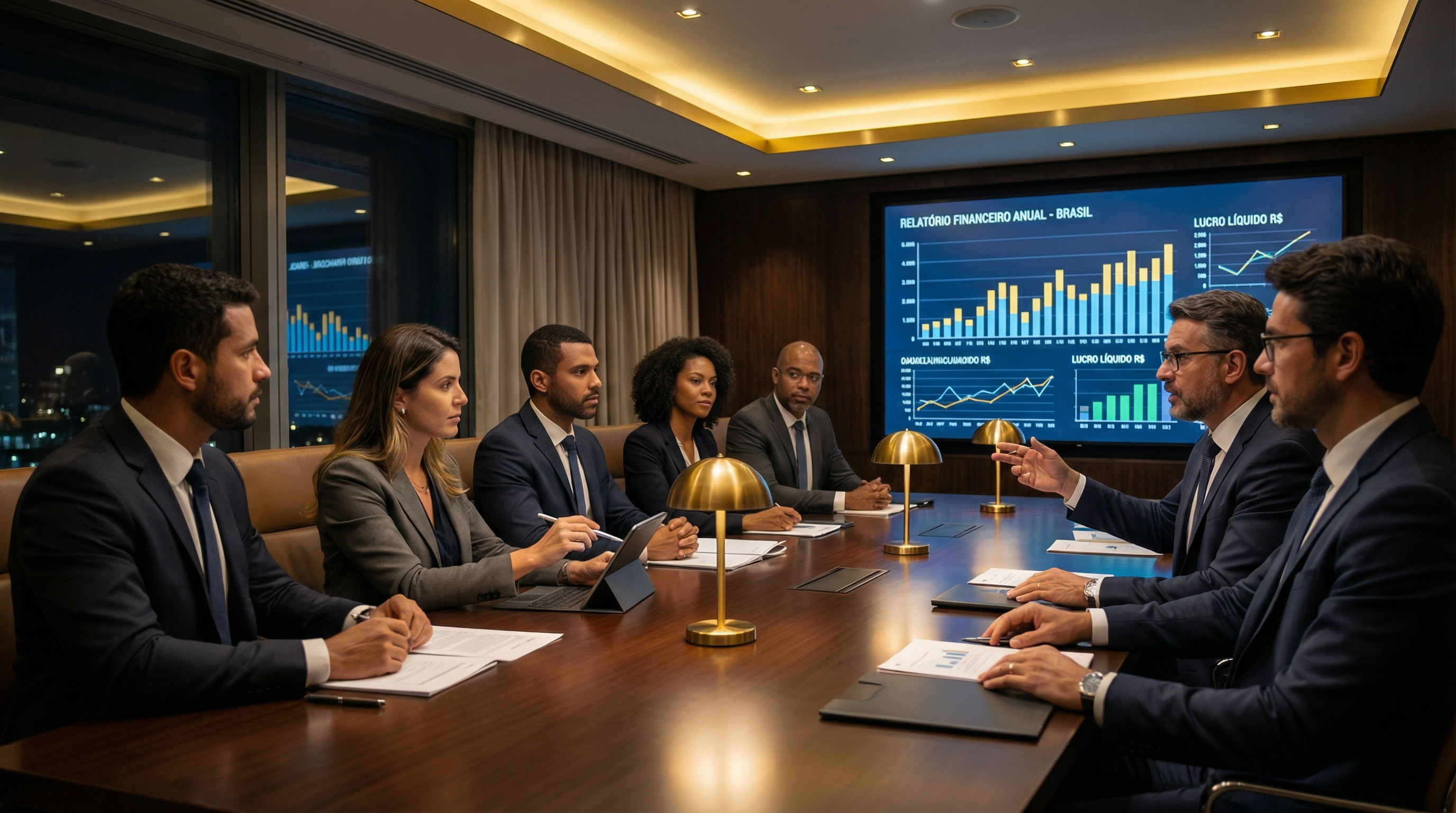 Equipe empresarial revisando relatórios financeiros