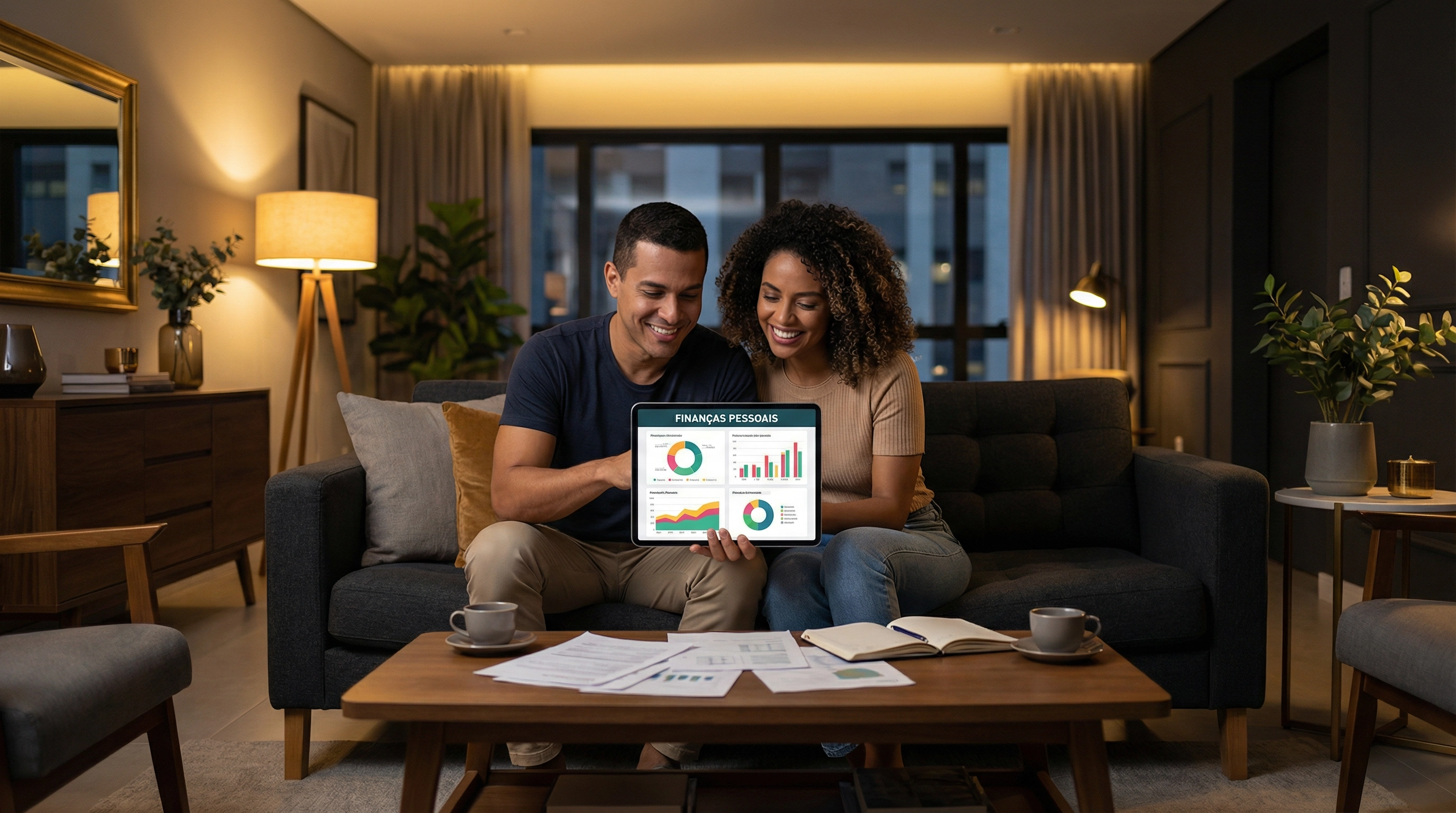Casal revisando finanças pessoais em tablet